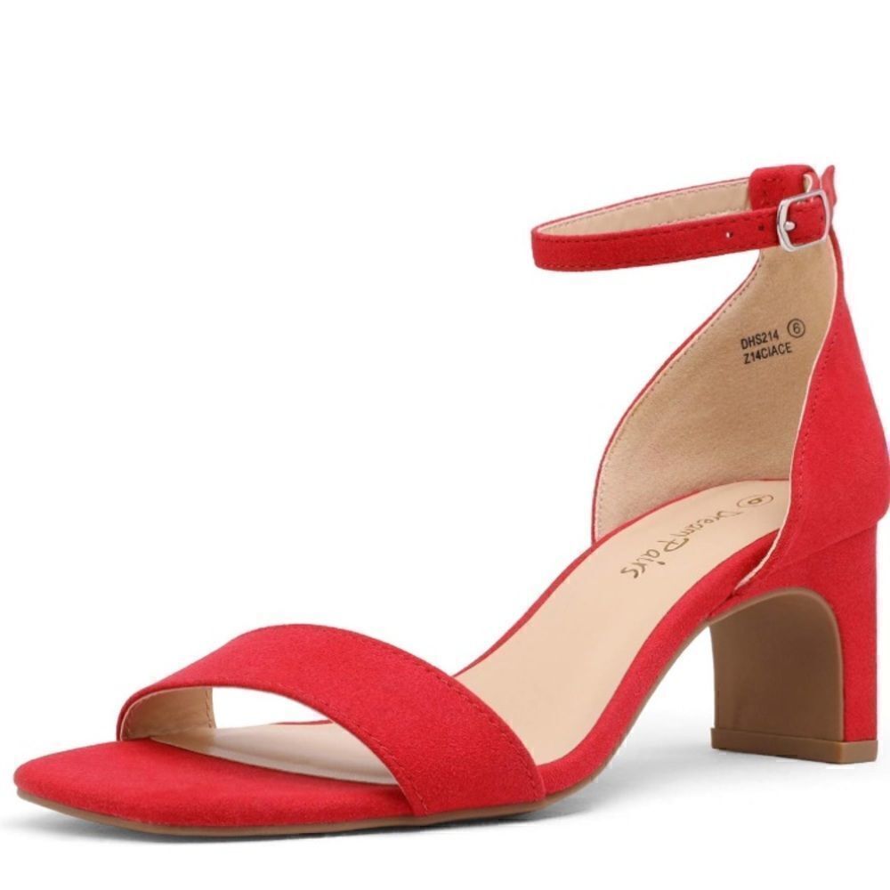DREAM PAIRS Red Square Open Toe Low Block Chunky Heel Ankle Strap Pump Shoe